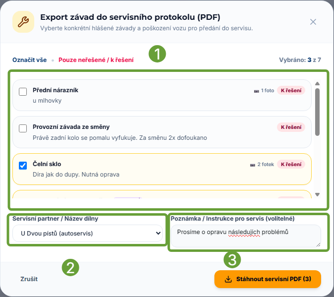 Karta vozidla - Poškození a závady - report pro servis
