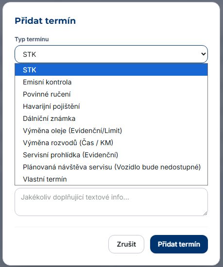 Karta vozidla - Terminy - preled