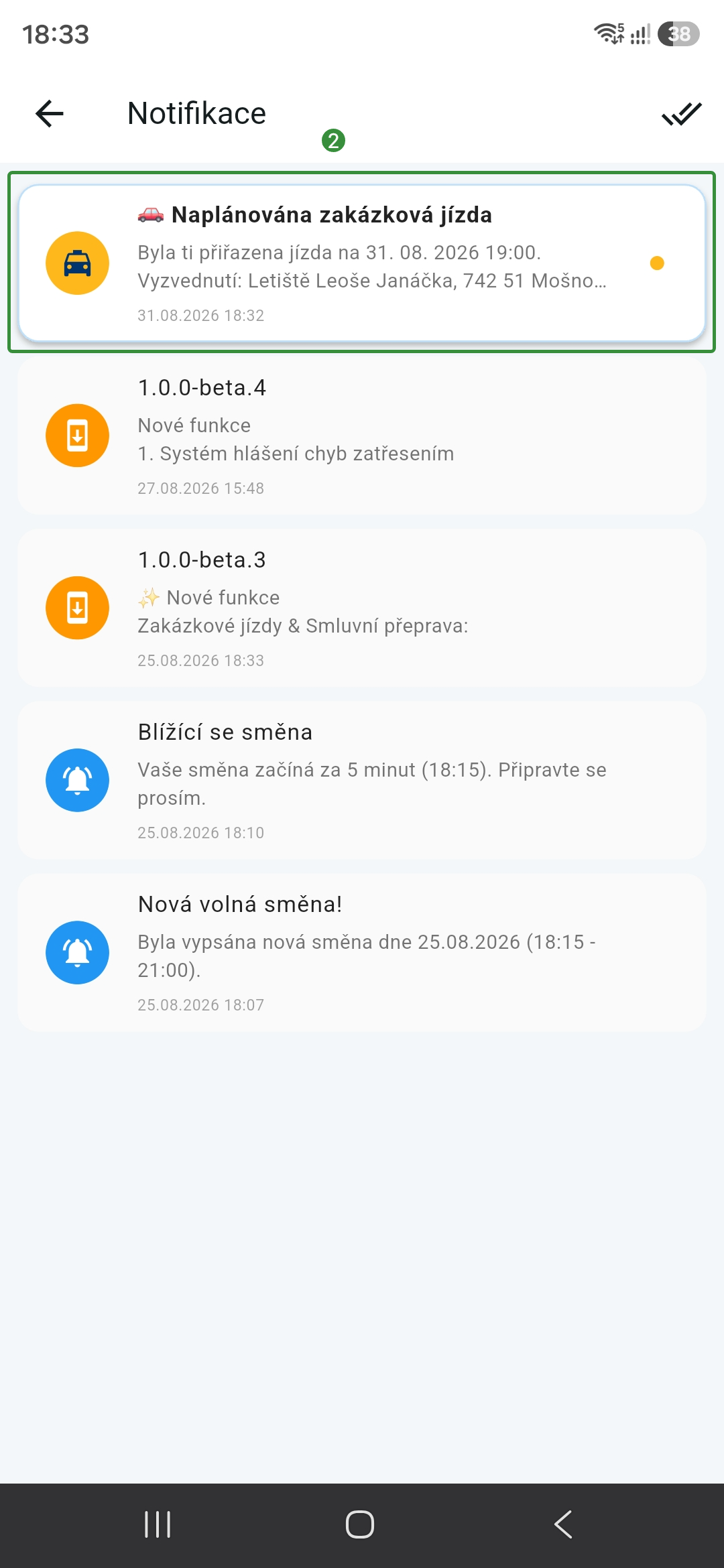 Zakazkové jízdy - notifikace v aplikaci