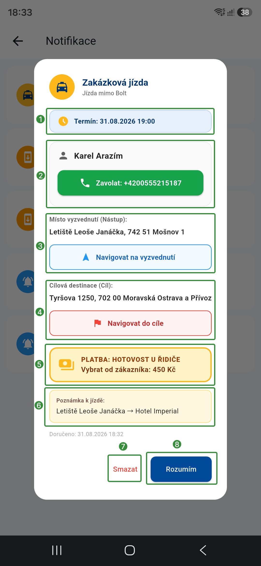 Zakazkové jízdy - notifikace v liště