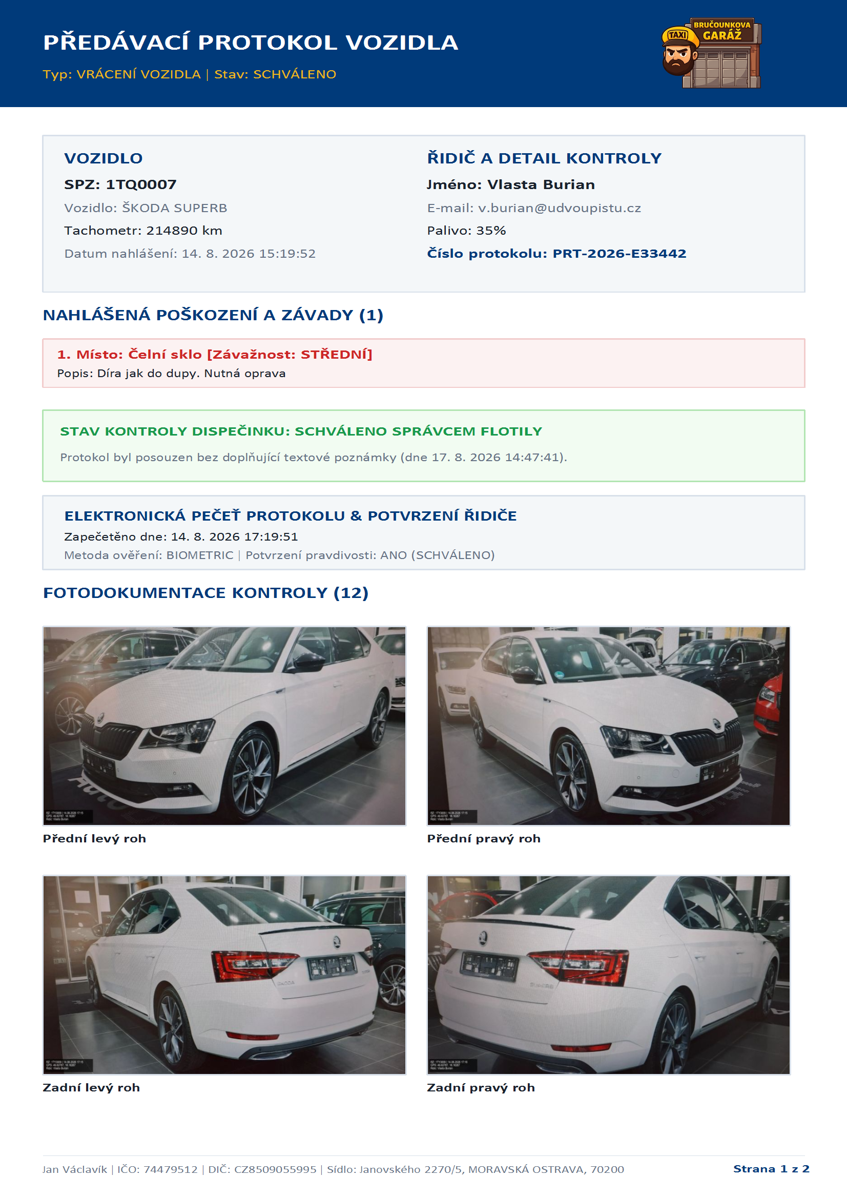 Karta vozidla - předávací protokoly - export PDF2