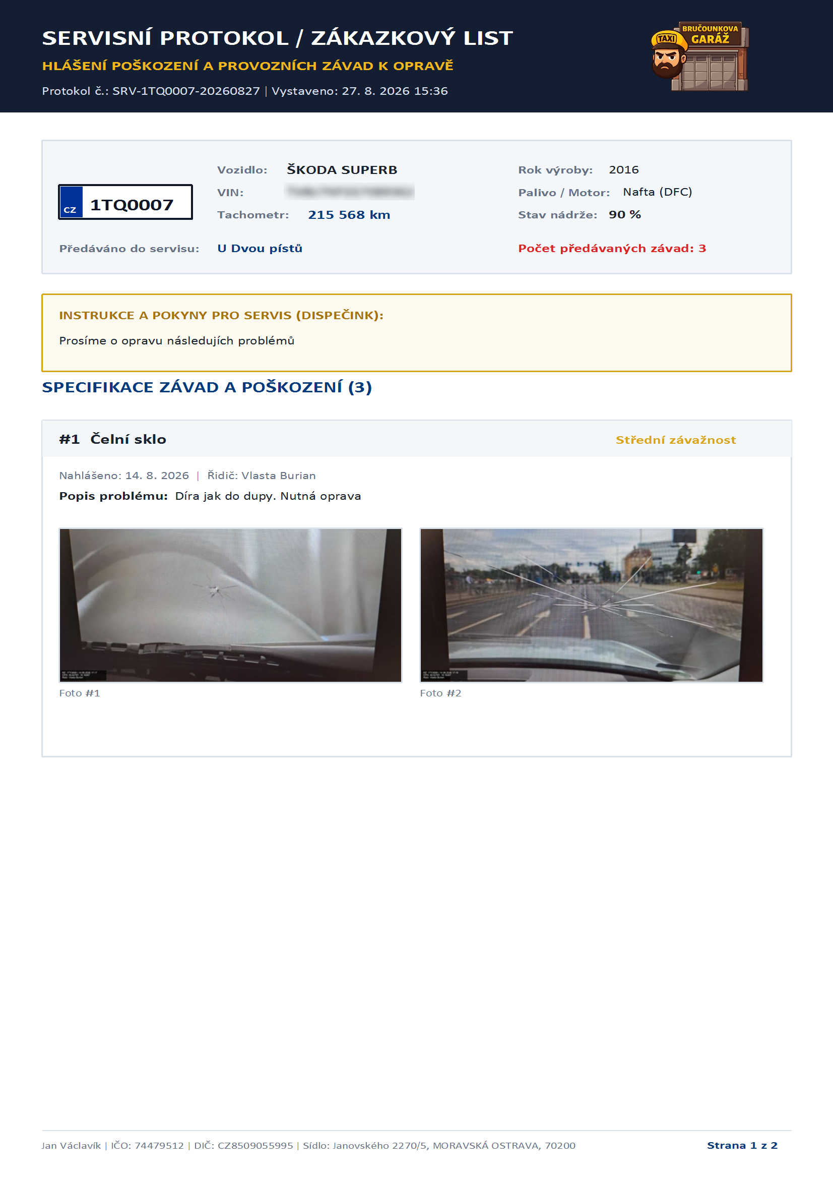Karta vozidla - Poškození a závady - report pro servis - export PDF