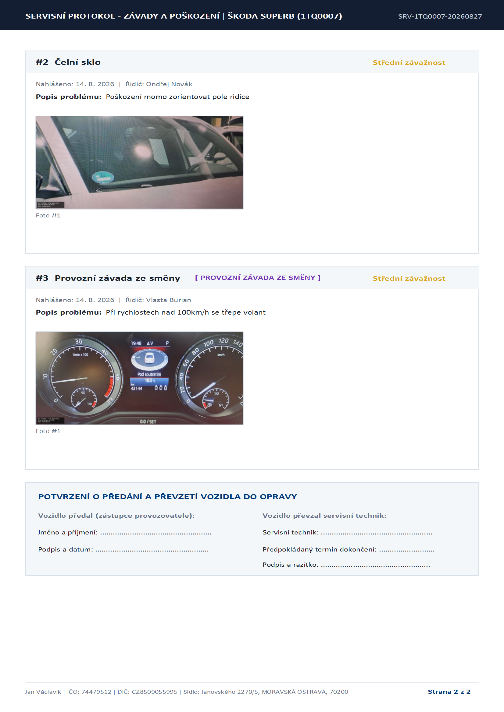 Karta vozidla - Poškození a závady - report pro servis PDF2